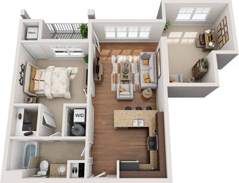 Floor plan for 1 bed, 1 bath, 893 sqft